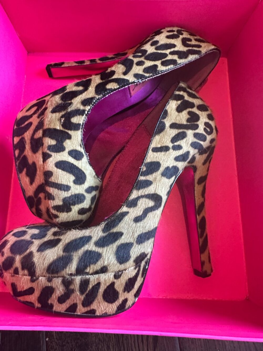 Betsey Johnson Deeeval Leopard Calf Hair Platform Stiletto Heels